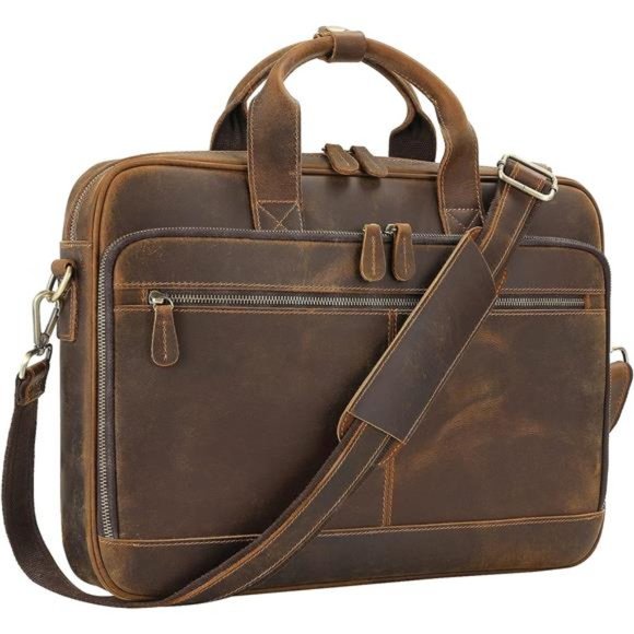 Men's Leather Briefcase Business Travel Laptop Messenger Bag Brown-15.6inch